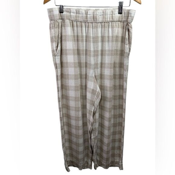 Isaac Mizrahi Linen Blend Beige Brown Checkered Wide Leg Pants Size L Pockets - Picture 1 of 10